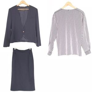 Louis Feraud 3-pc Suit Jacket Skirt Long Sleeve Top Navy Blue White Women's 10